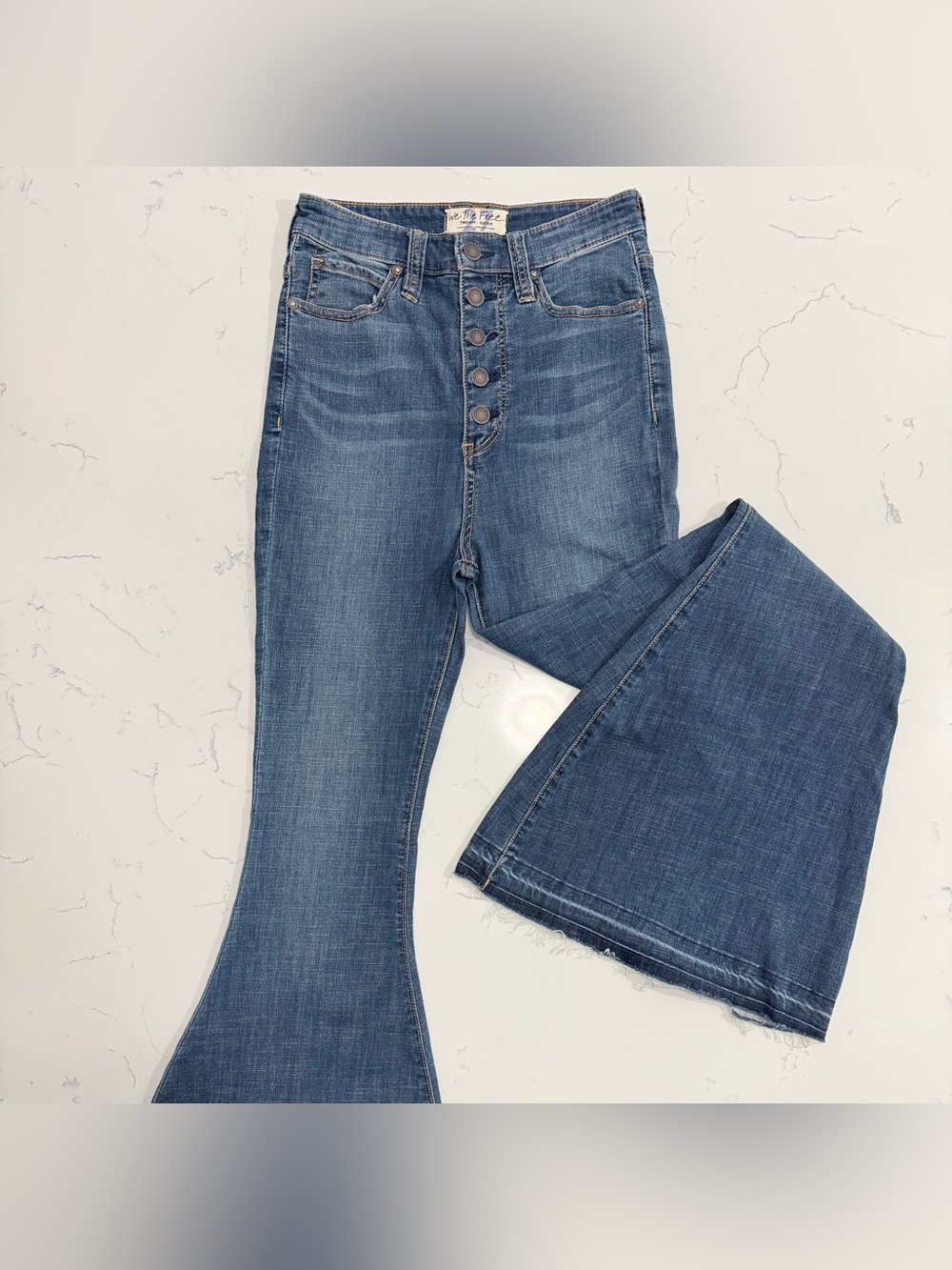 Free People We The Free 27 Bell Bottom Flare Jeans Button Fly Raw Hem Blue Denim